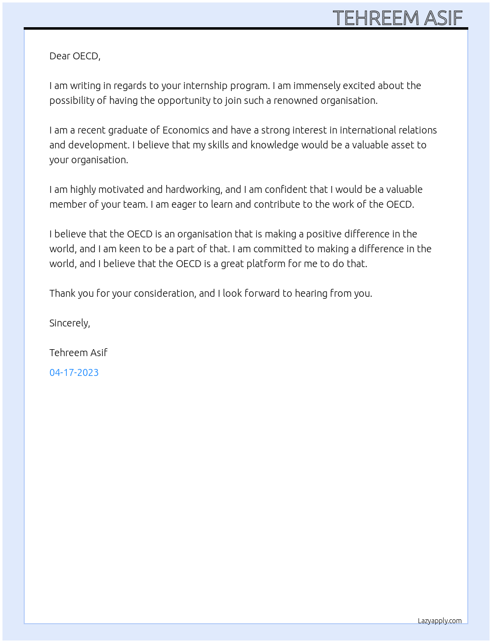 Internship program At OECD Cover Letter