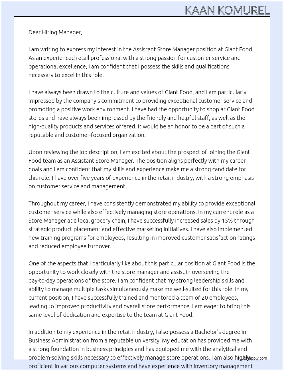 Assistant Store Manager At Giant Food Cover Letter