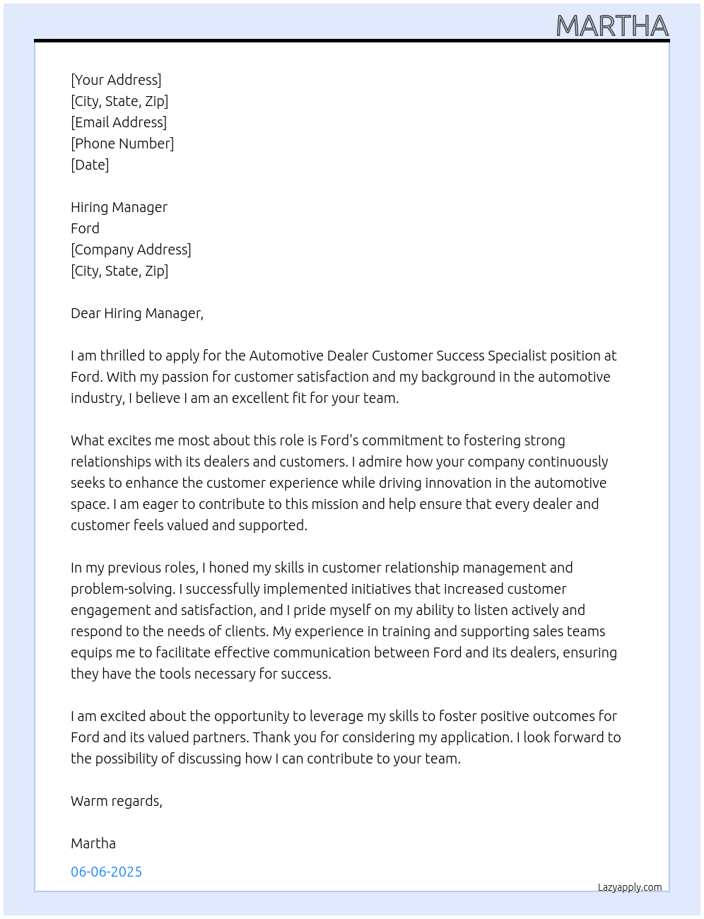 Cover letter for automotive dealer customer success specialist - LazyApply