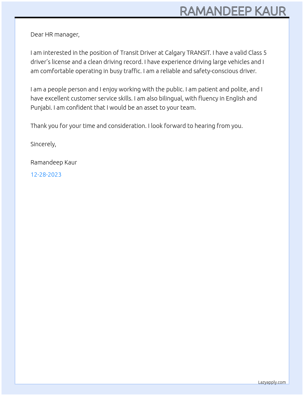 Transit Driver At Calgary TRANSIT Cover Letter