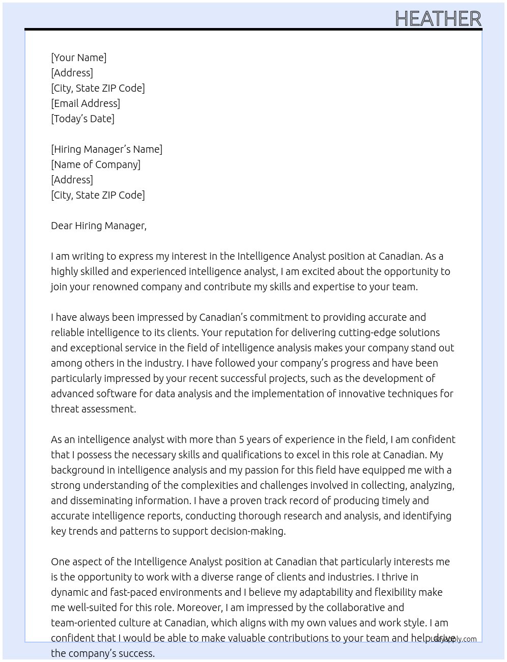 Intelligence analyst At Canadian Cover Letter