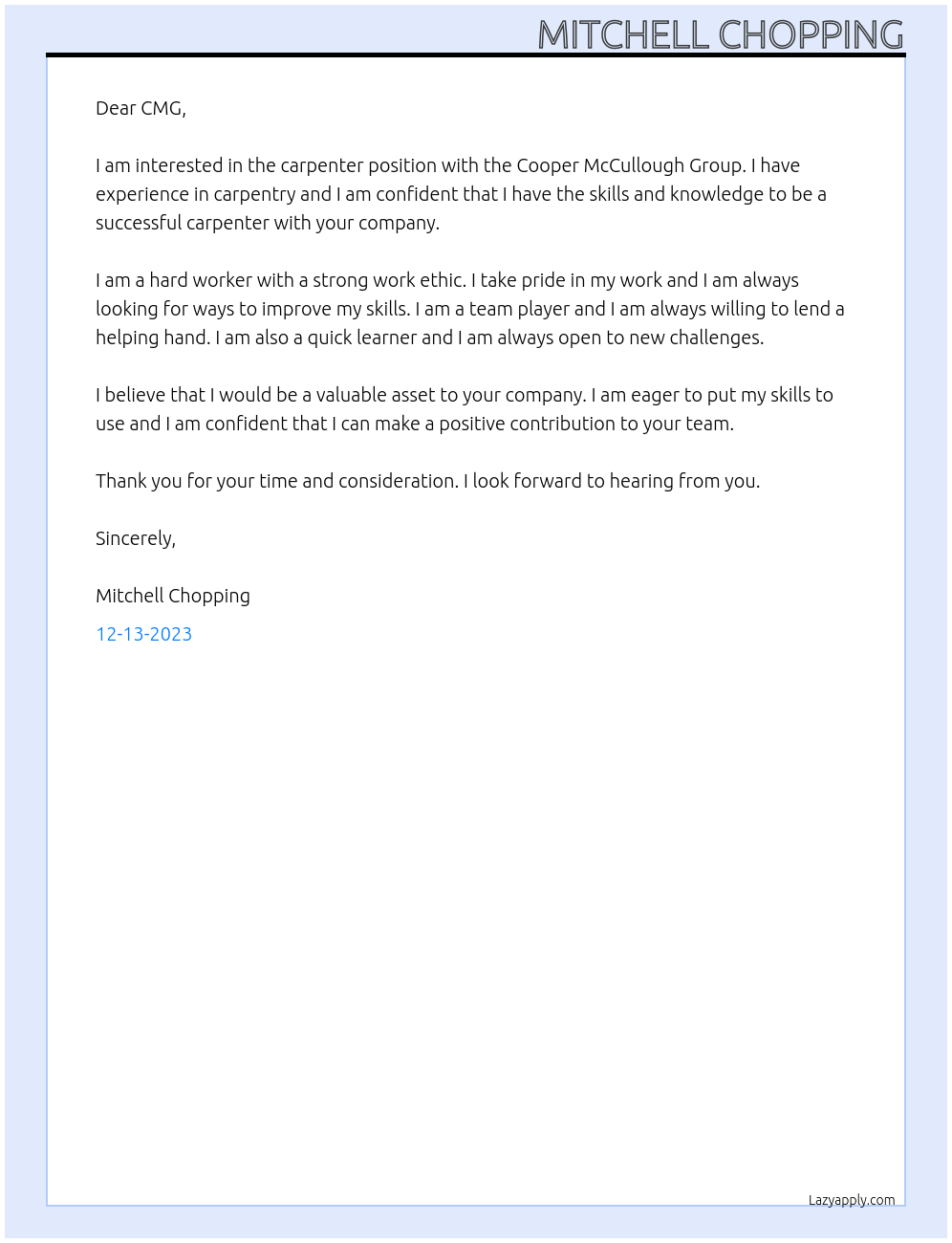 Carpenter  At Cooper McCullough Group Cover Letter
