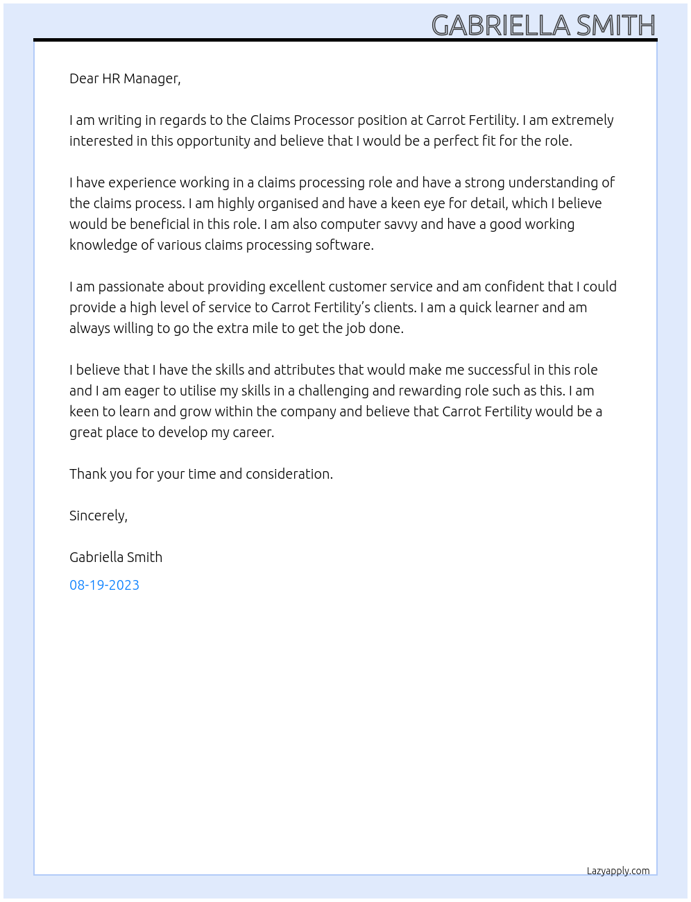 Claims Processor  At Carrot Fertility Cover Letter