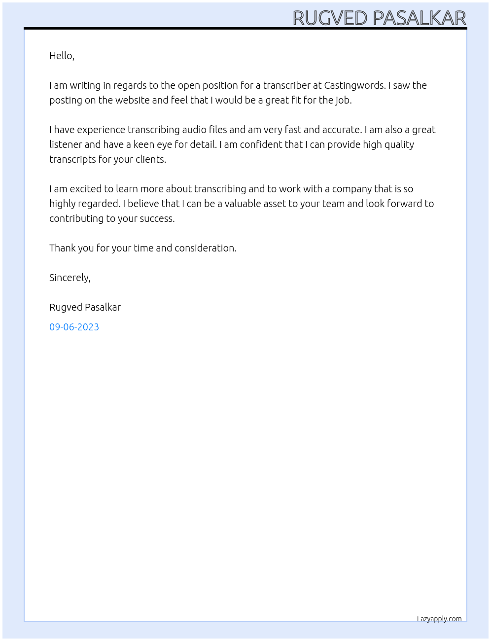 transcriber At castingwords Cover Letter