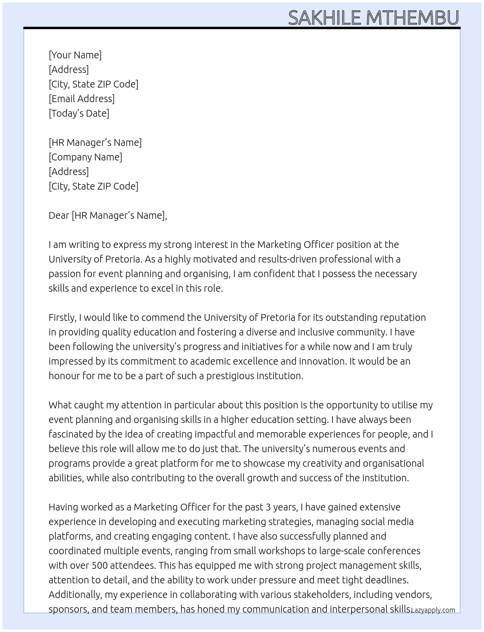 MARKETING OFFICER At University of Pretoria Cover Letter