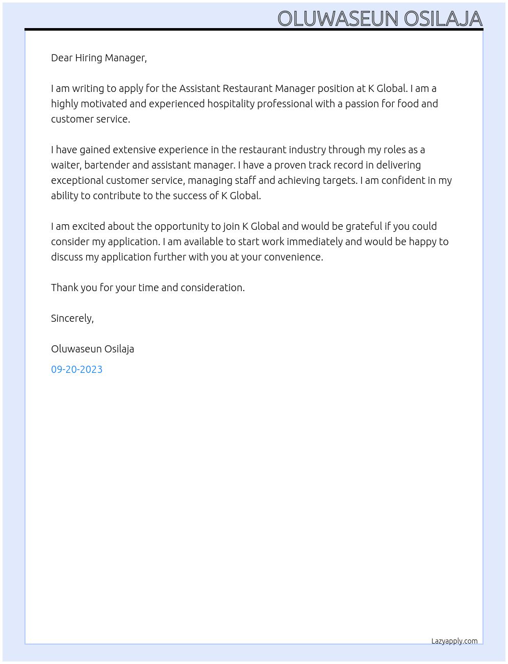 Assistant Restaurant Manager At K global Cover Letter