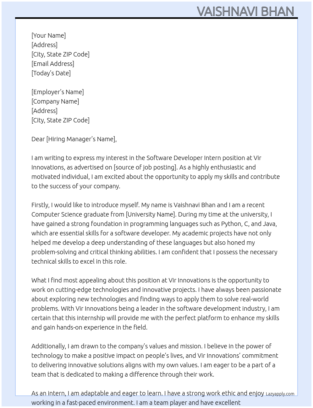 Software developer intern At Vir Innovations Cover Letter