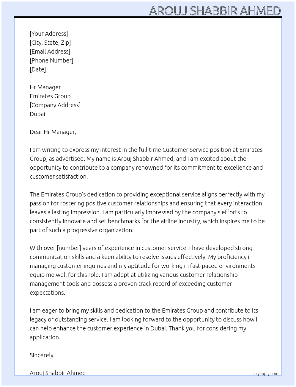 Customer service At Emirates group Cover Letter