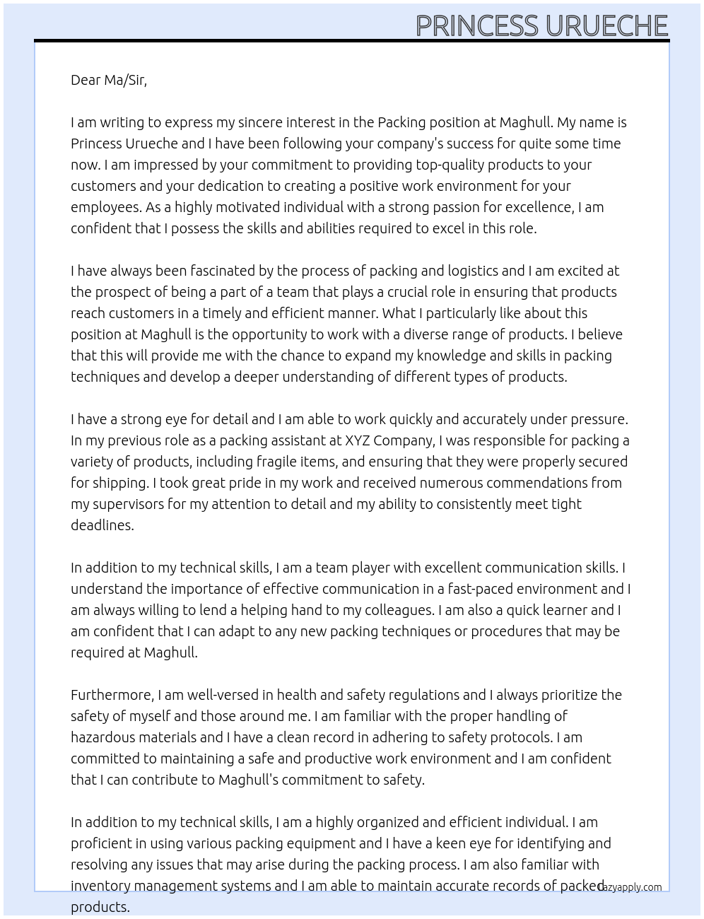 Packing At Maghull Cover Letter