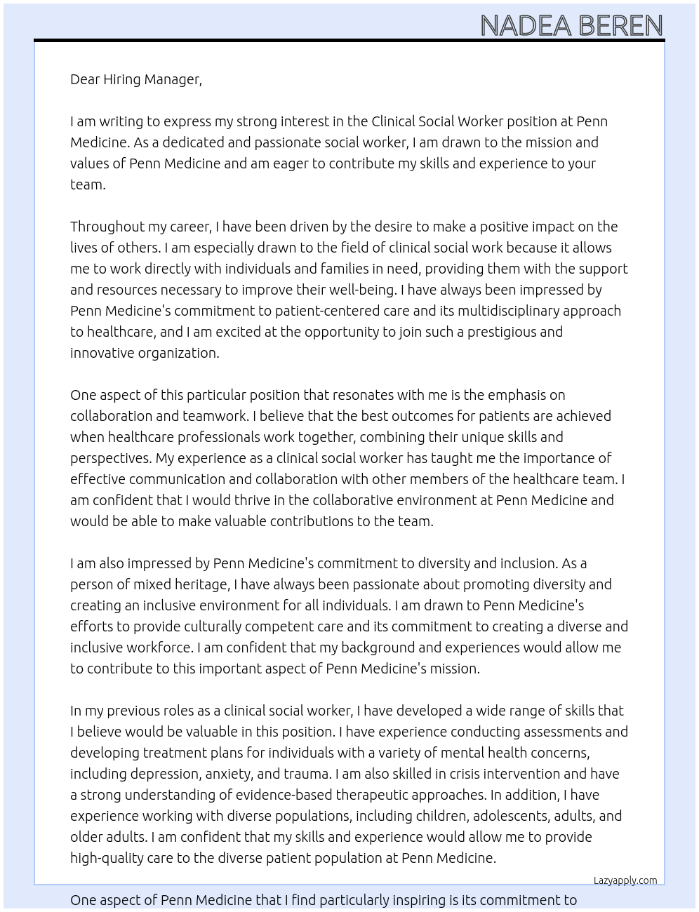 Clinical Social Worker At Penn Medicine Cover Letter