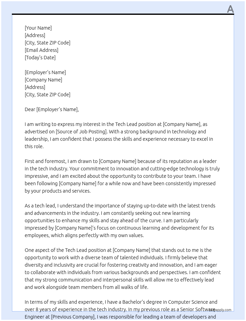 Tech lead At B Cover Letter
