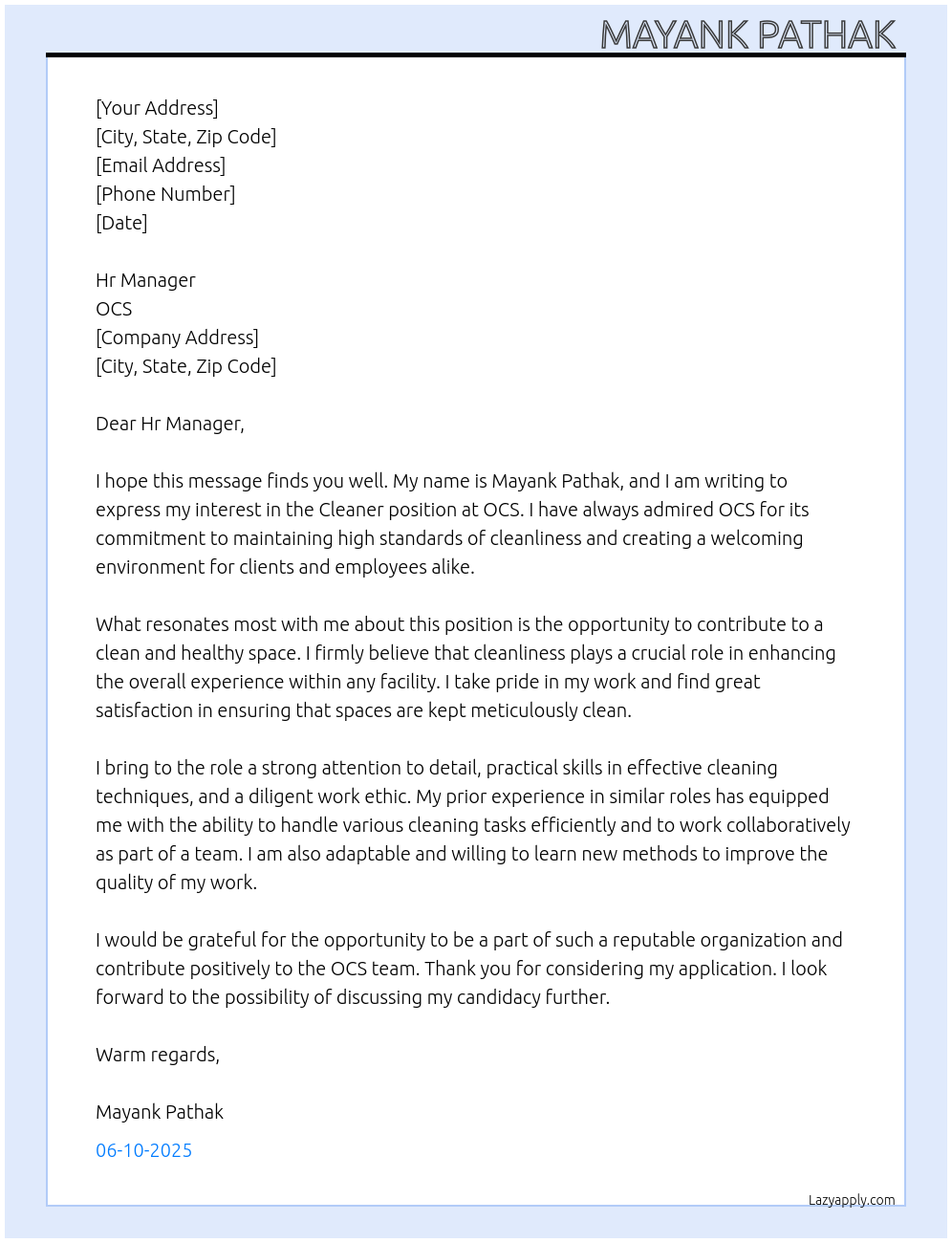 Cleaner  At OCS Cover Letter