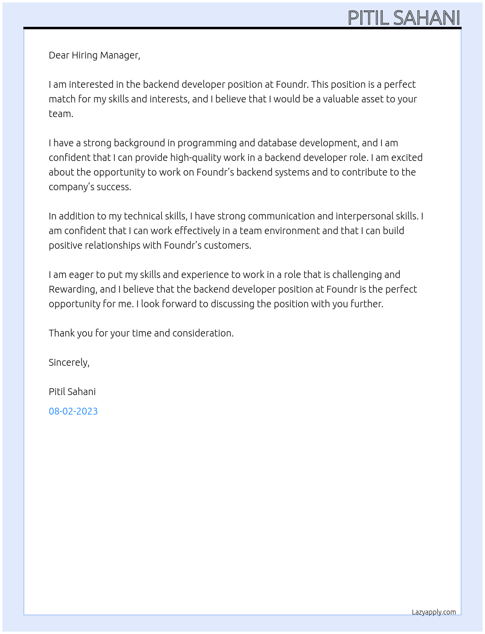 Backend developer At Foundr Cover Letter