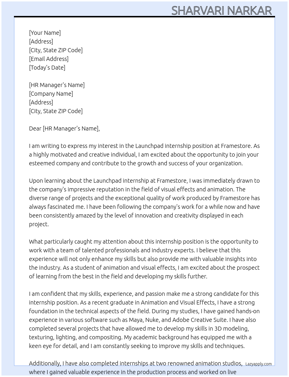 Launchpad internship At Framestore Cover Letter