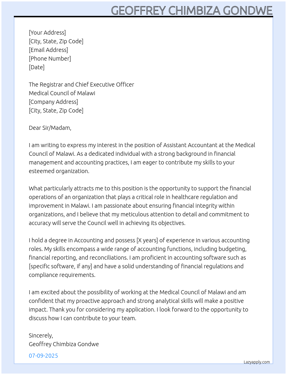 Assistant Accountant At Medical Council of Malawi Cover Letter