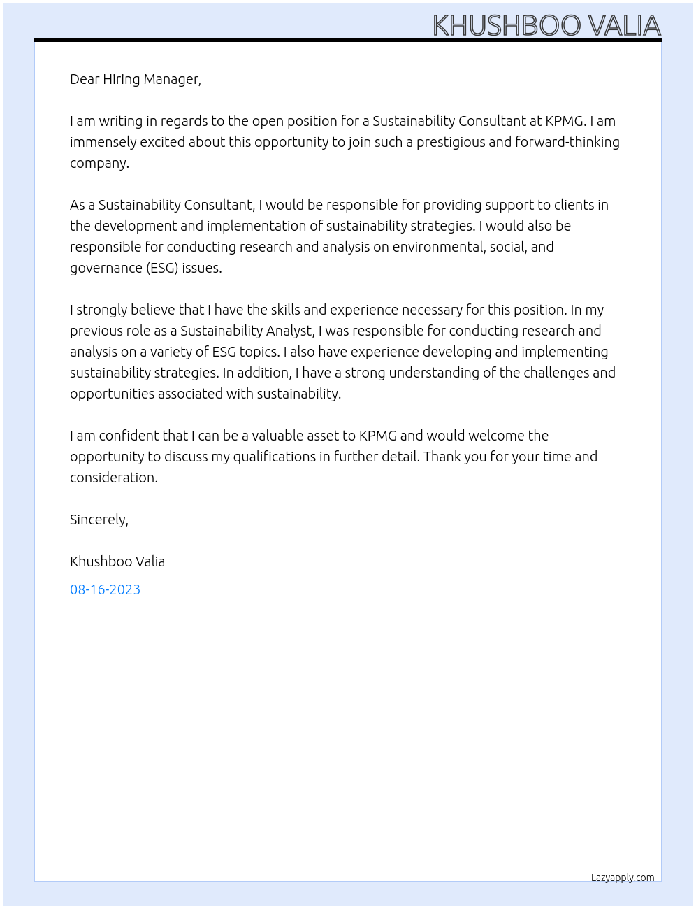 Sustainability Consultant At KPMG Cover Letter