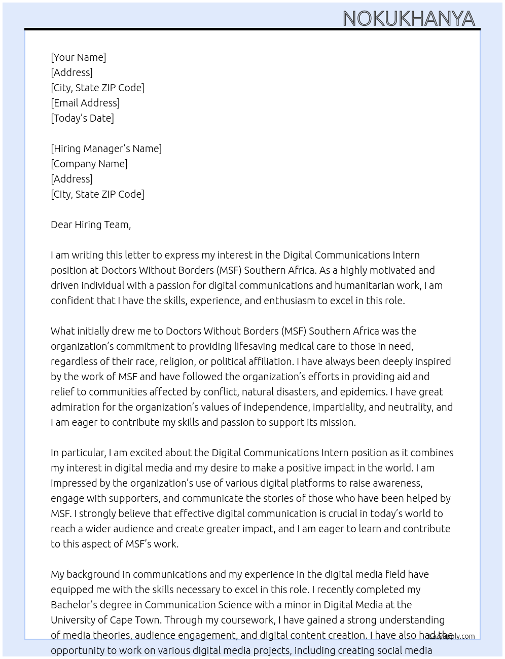 Digital Communications Intern At Doctors Without Borders (MSF) Southern Africa Cover Letter