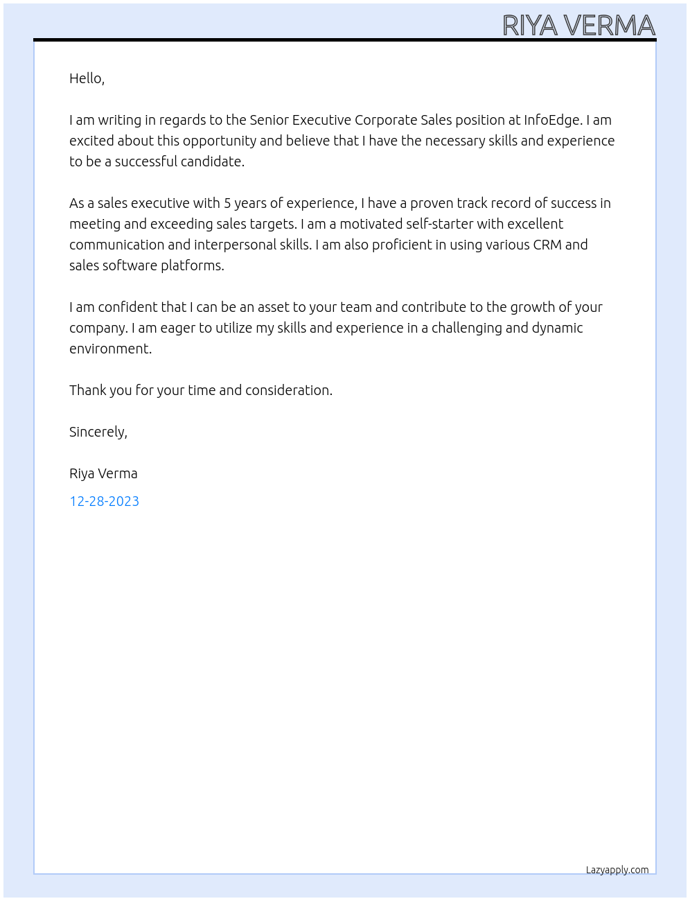  Senior Executive Corporate Sales At InfoEdge Cover Letter