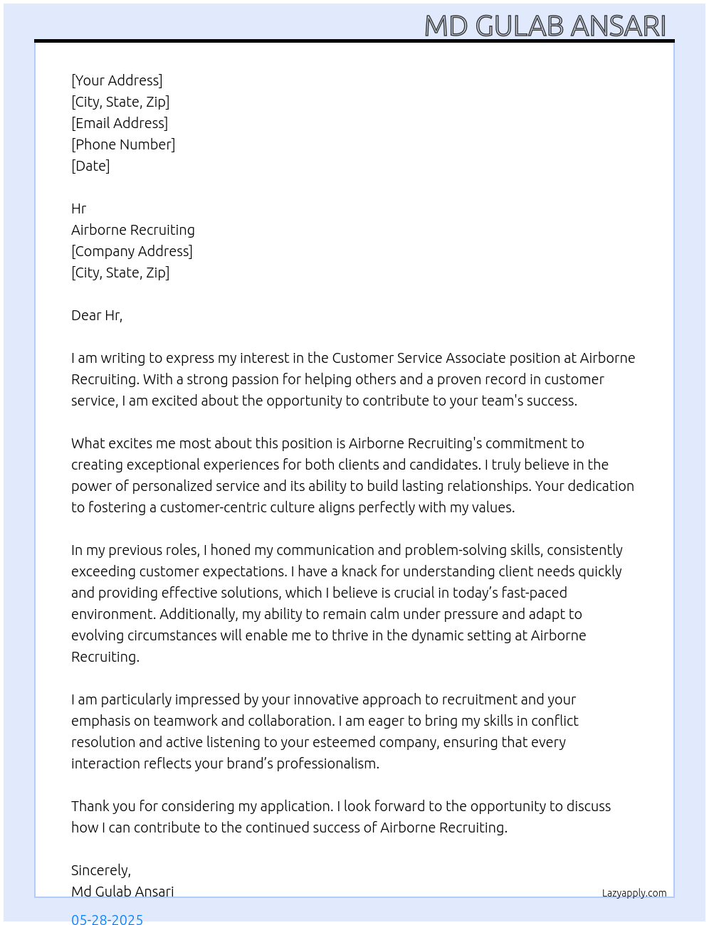 Customer service associate At airbornerecruiting Cover Letter