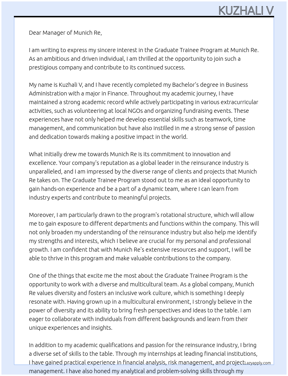 Graduate trainee program At Munich Re Cover Letter