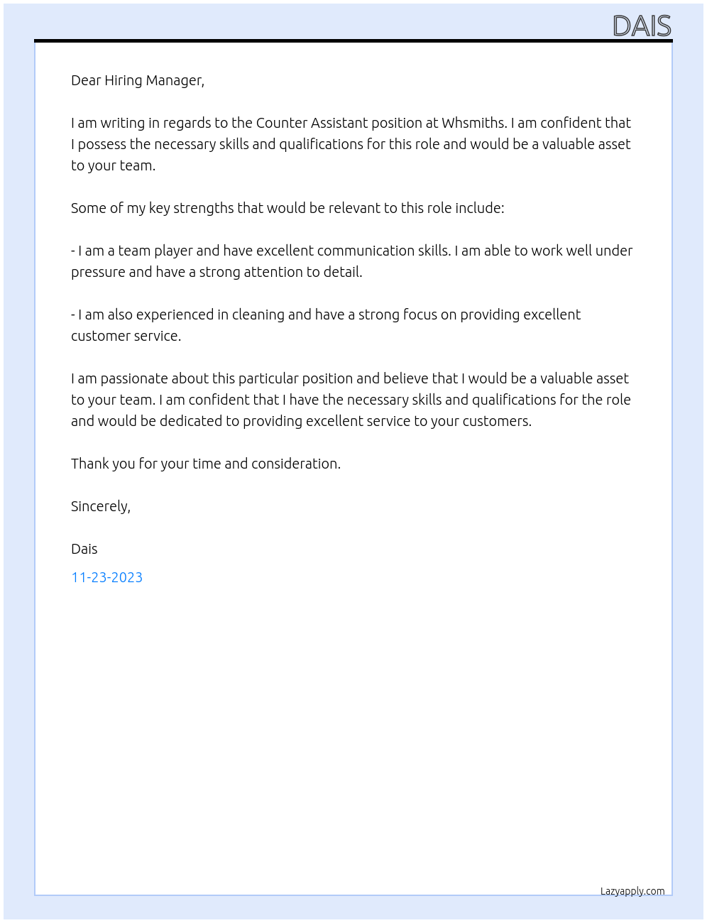 Counter assistant At Whsmiths Cover Letter