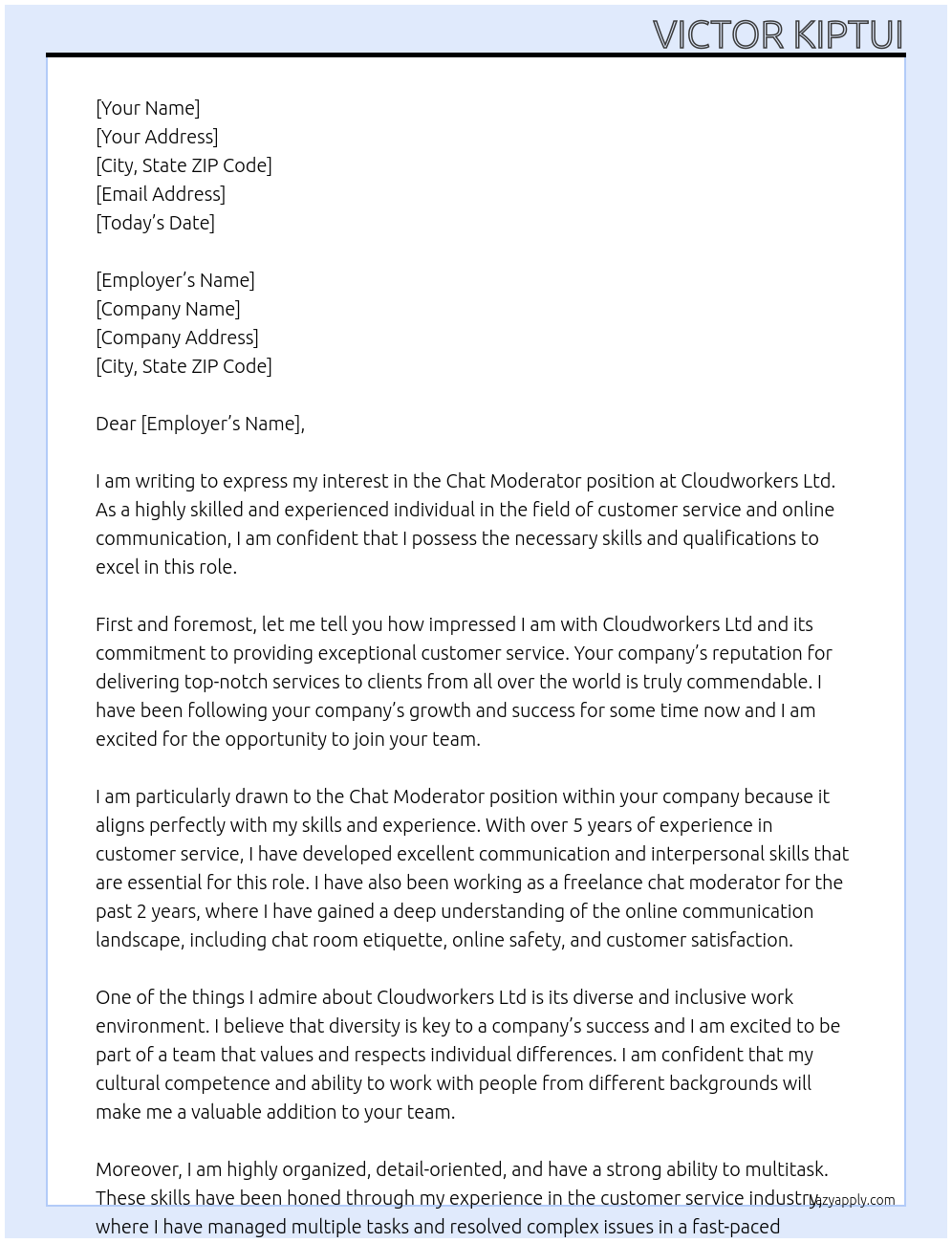 Chat Moderator At Cloudworkers Ltd Cover Letter