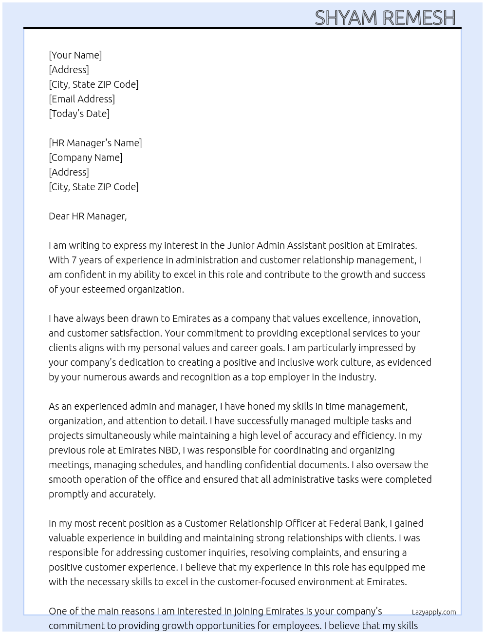 Junior admin assistant At Emirates Cover Letter