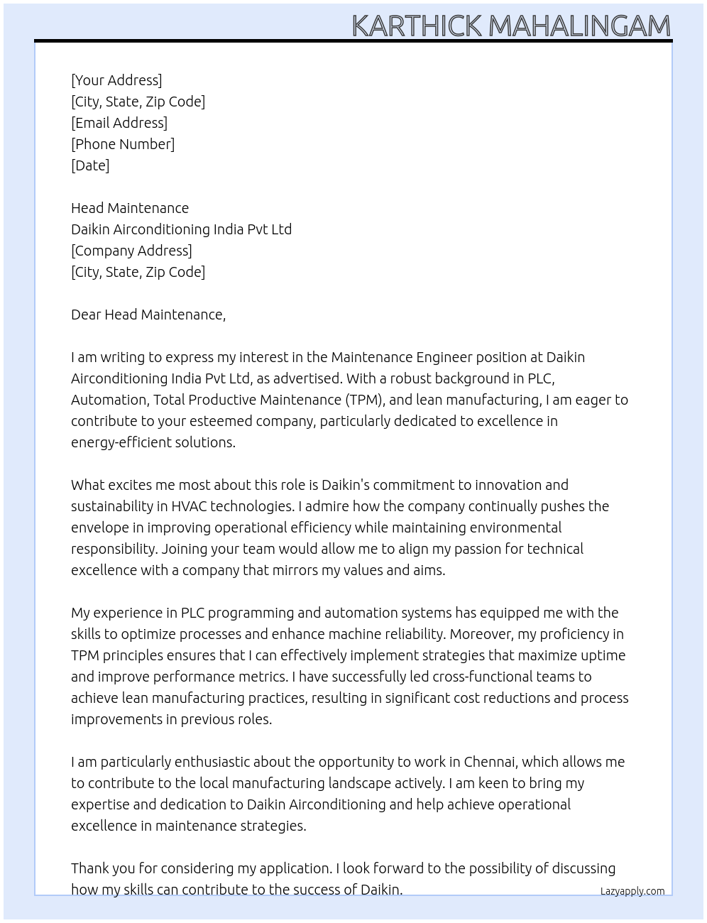 Maintenance engineer At Daikin Airconditioning India Pvt Ltd Cover Letter