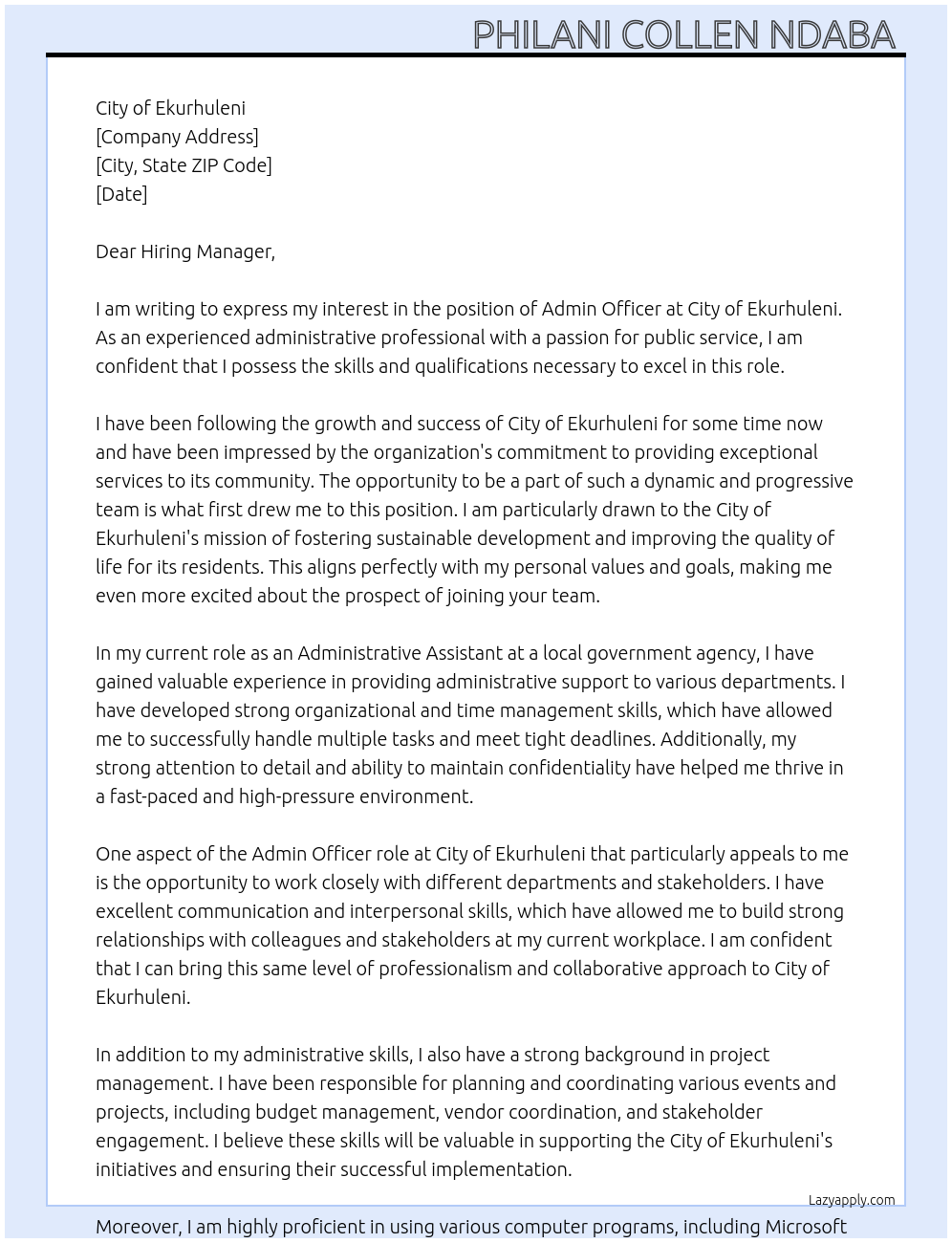 Admin Officer At City of Ekurhuleni Cover Letter