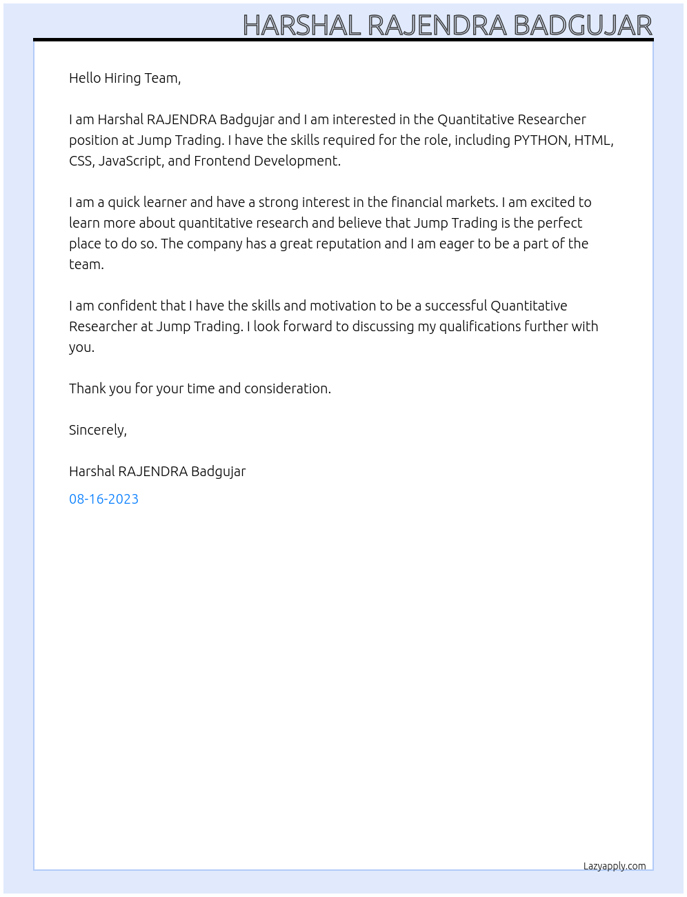 Quantitative Researcher At Jump Trading Cover Letter