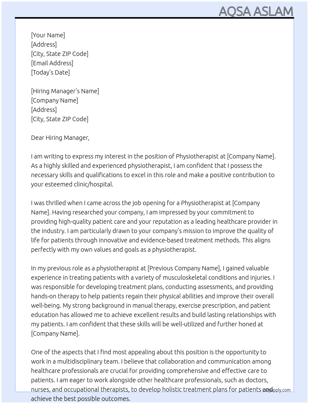 Physiotherapist At Clinic/Hospital Cover Letter