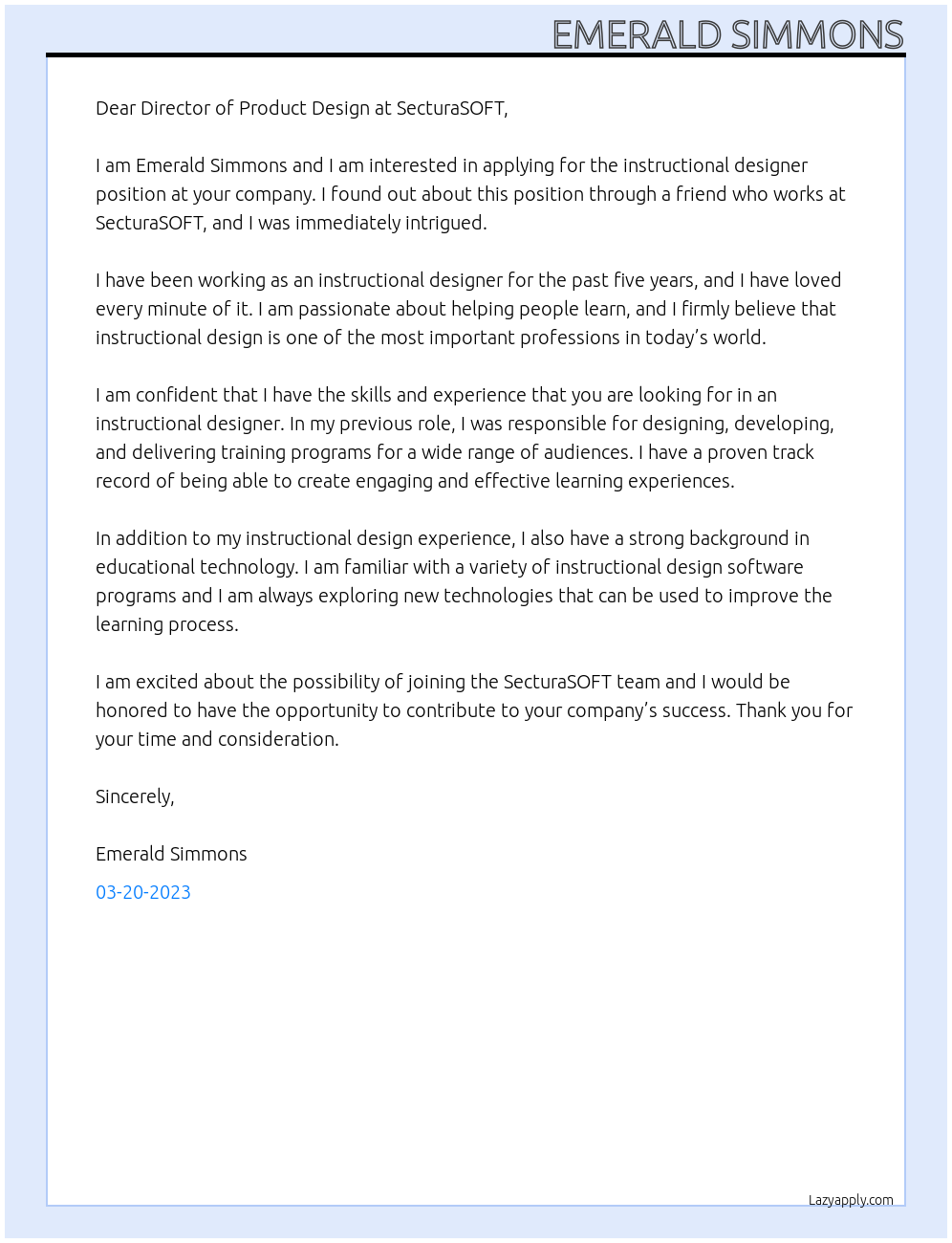 Instructional Designer At SecturaSOFT Cover Letter