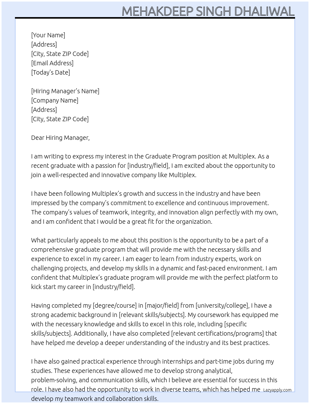 Graduate Program At Multiplex Cover Letter