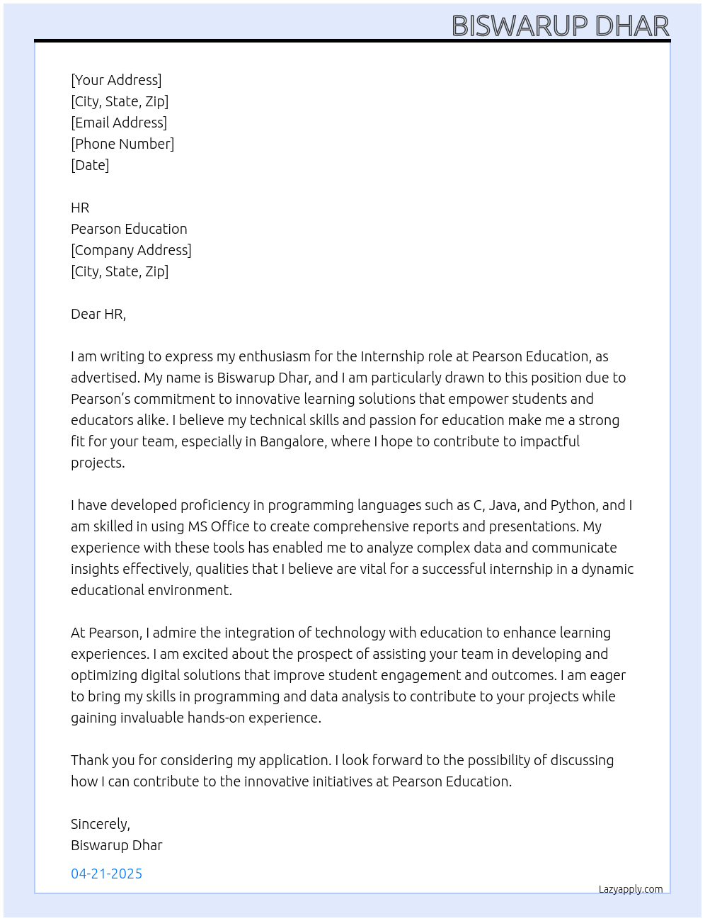 Intern At Pearson Education Cover Letter