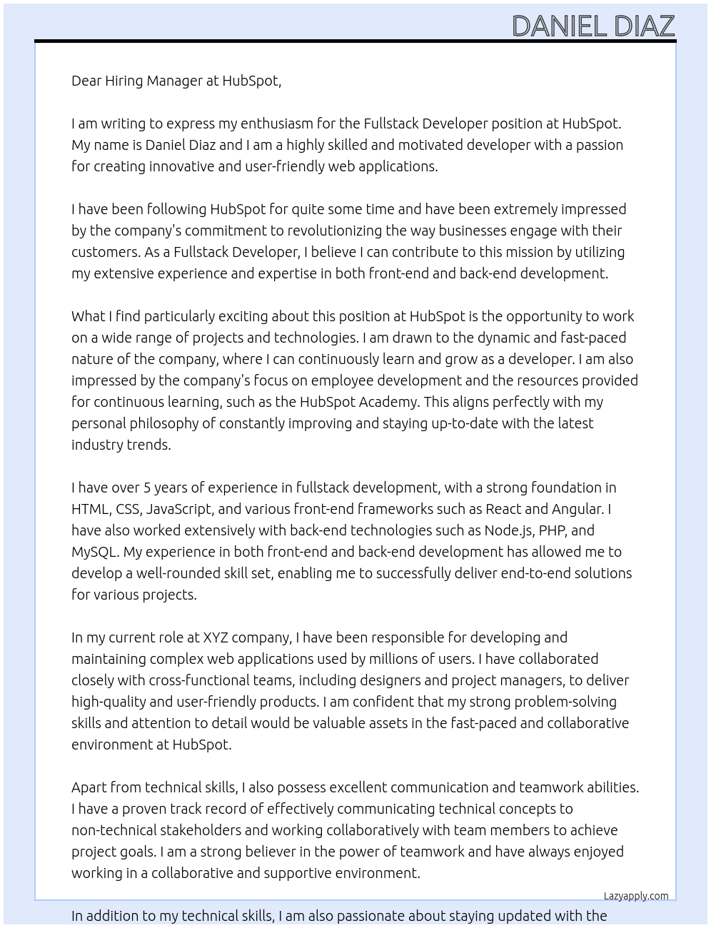 Fullstack Developer At hubspot Cover Letter