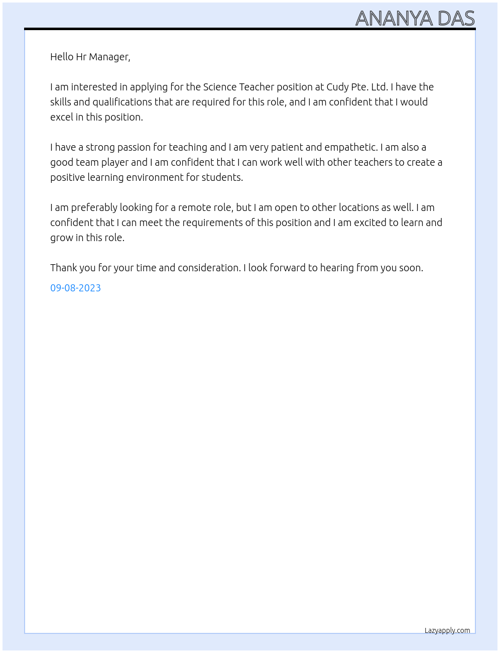 Science Teacher  At Cudy Pte. Ltd. Cover Letter