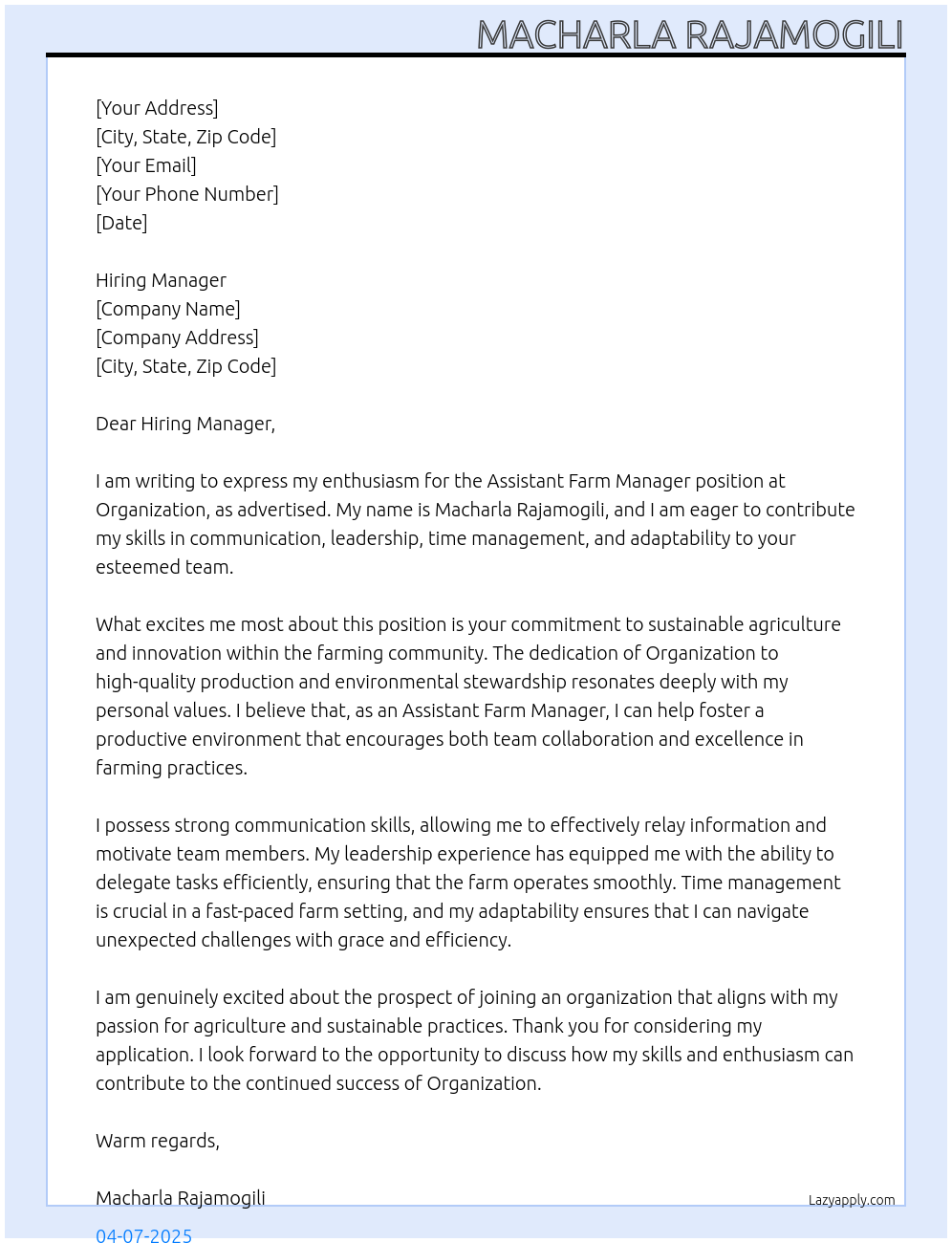 Cover letter for assistant farm manager - LazyApply