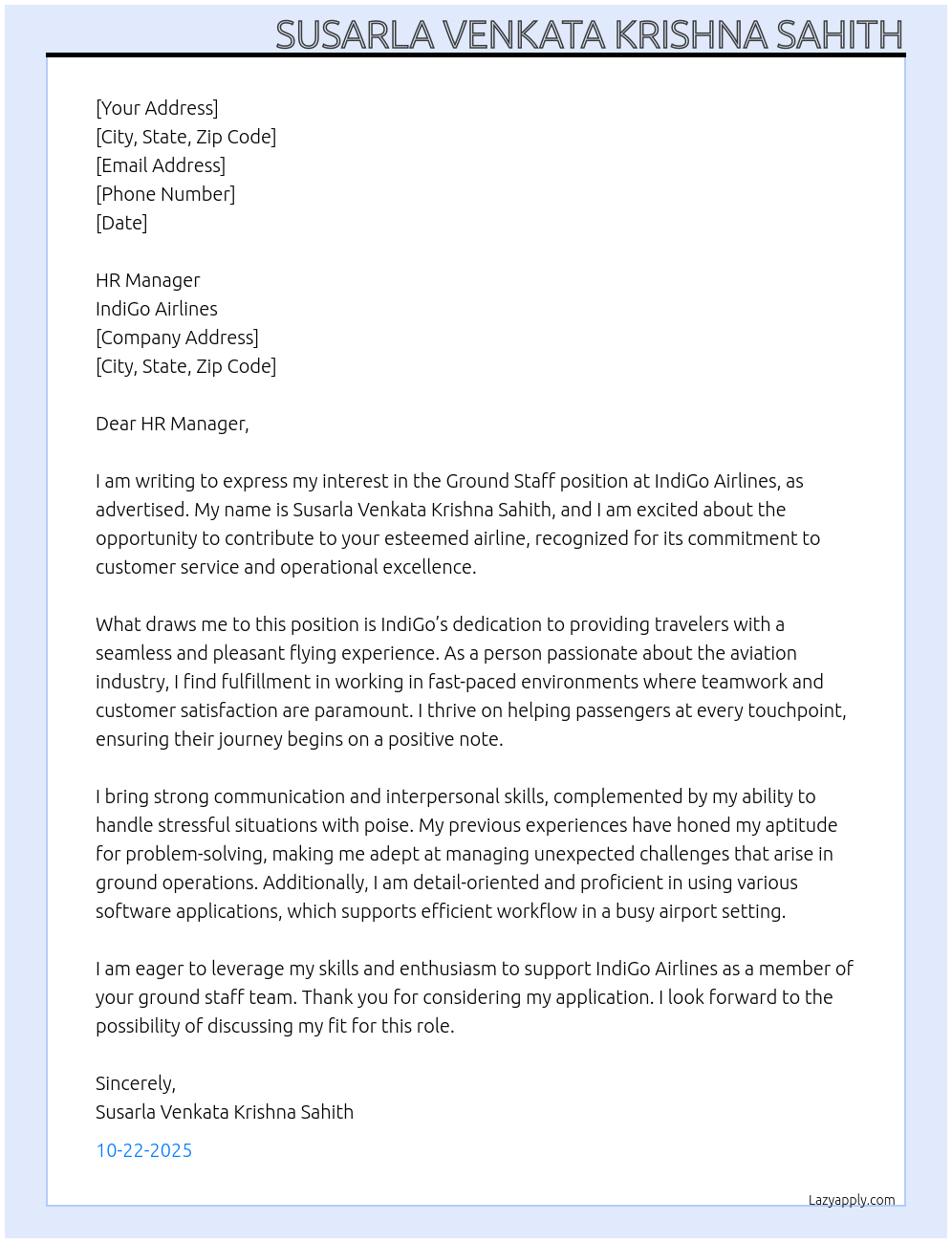 Ground Staff At IndiGo Airlines Cover Letter