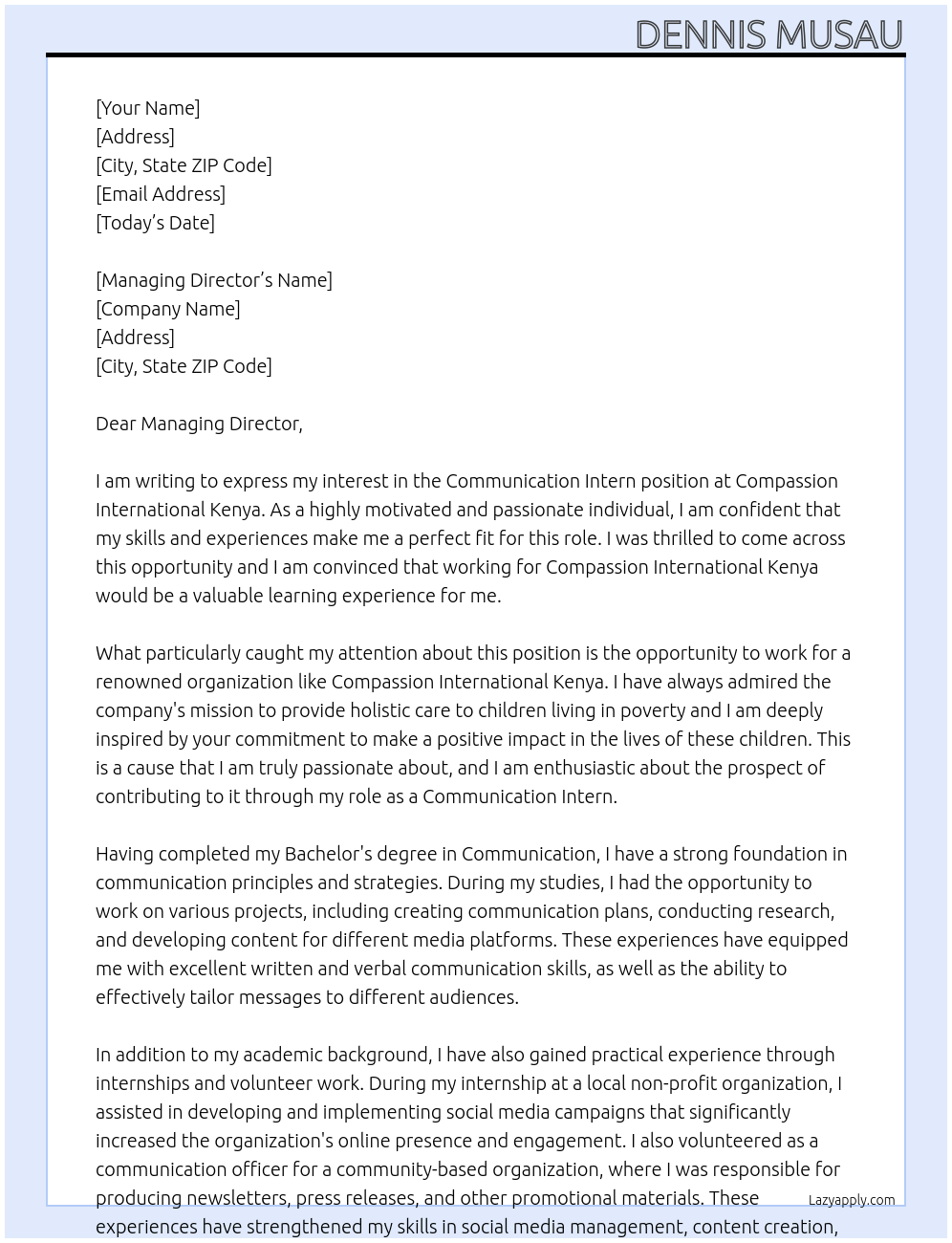 Communication intern At Compassion International Kenya Cover Letter