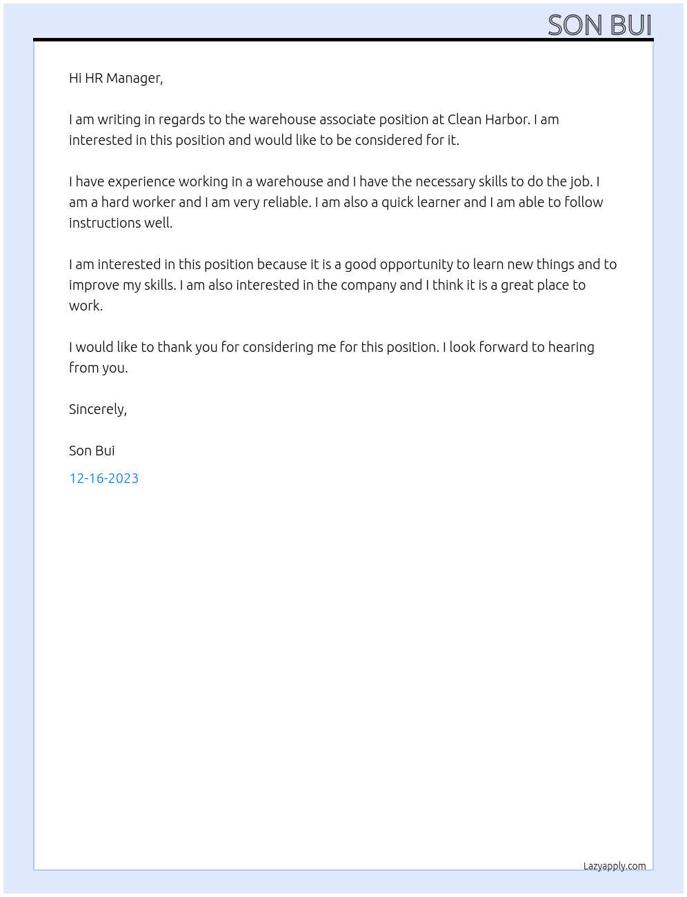 warehouse associate At clean harbor Cover Letter