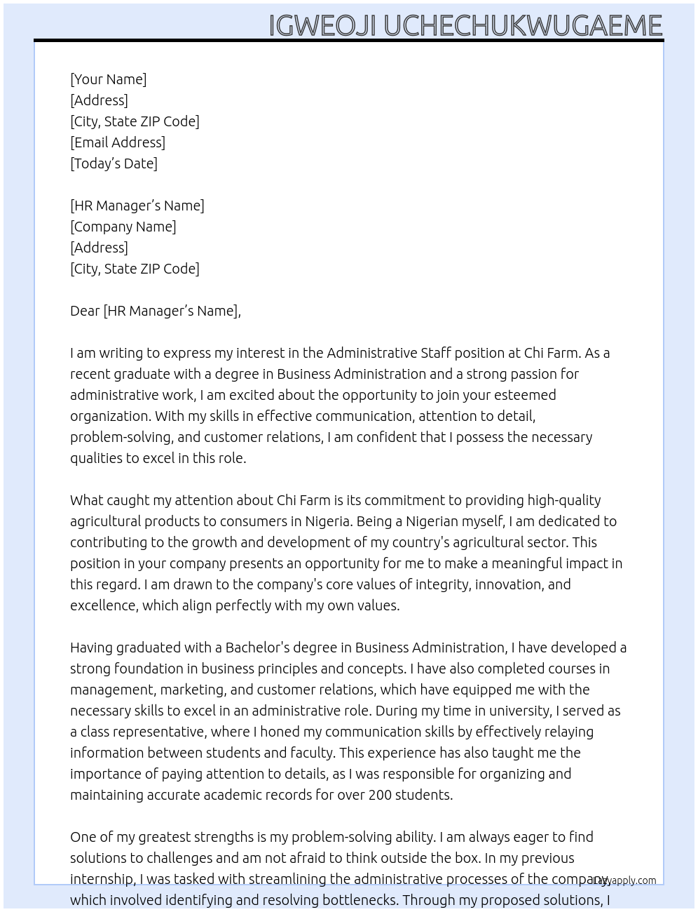 Administrative staff At Chi Farm Cover Letter