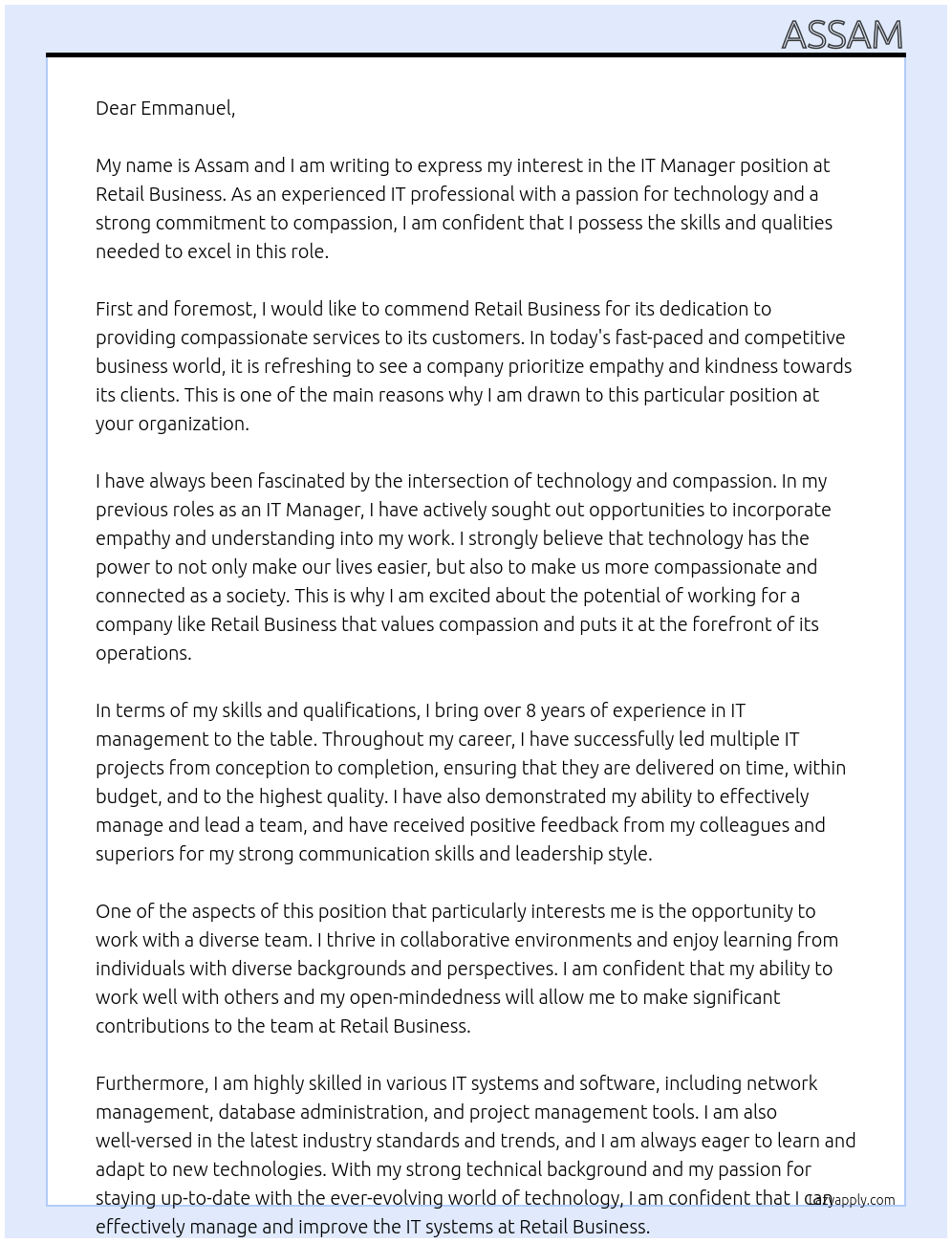 IT Manager At Retail Business Cover Letter