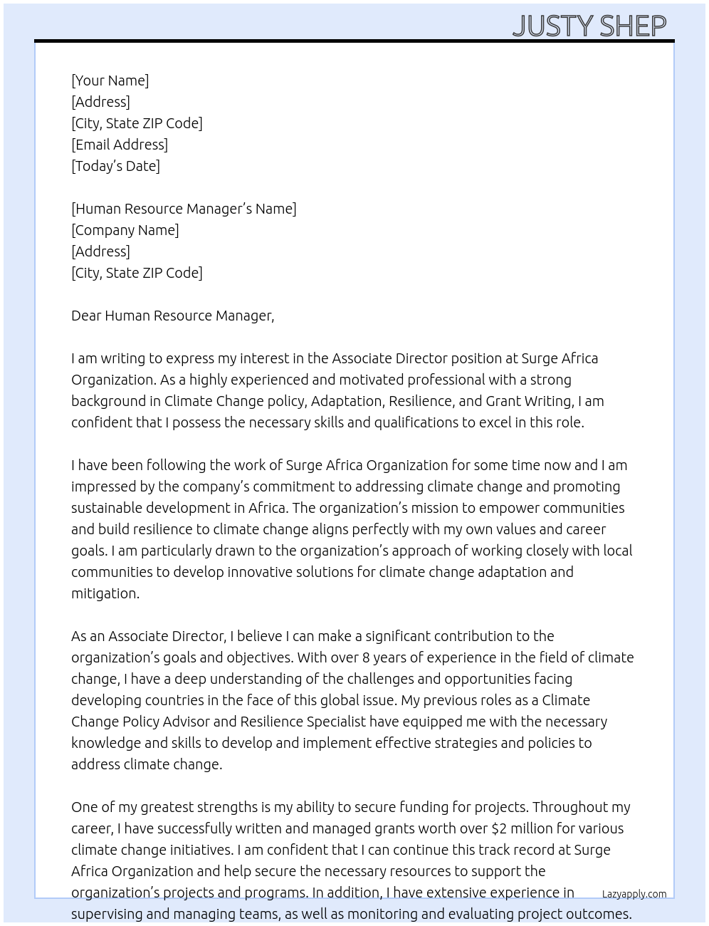 ASSOCIATE DIRECTOR At SURGE AFRICA ORGANIZATION Cover Letter