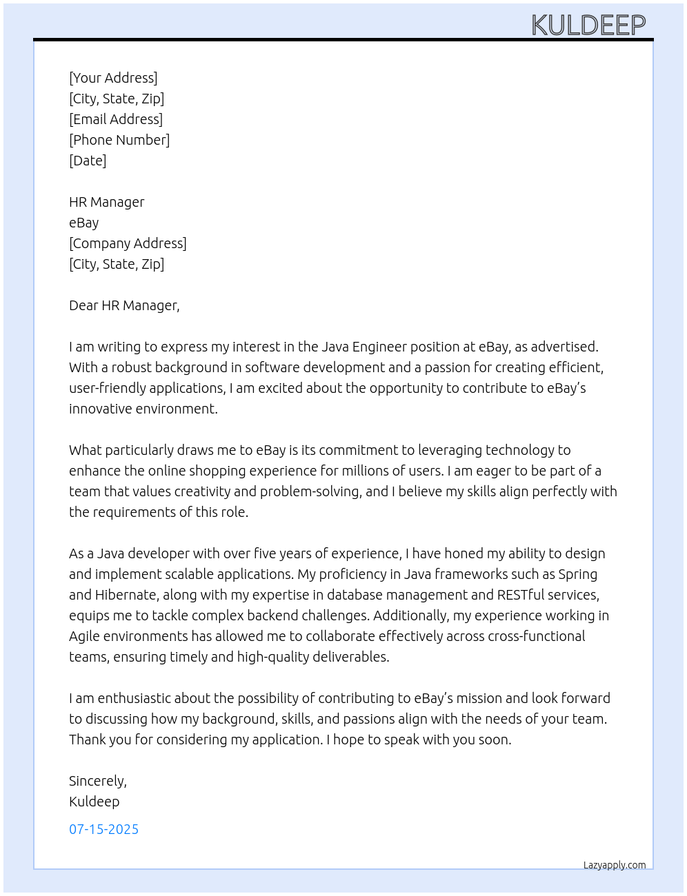 Java Engineer  At Ebay Cover Letter