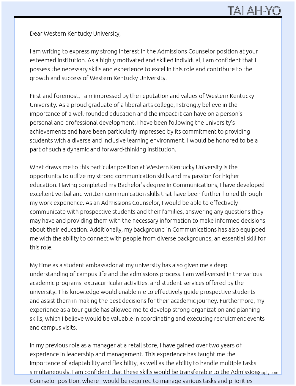 Admissions Counselor At Western Kentucky University Cover Letter