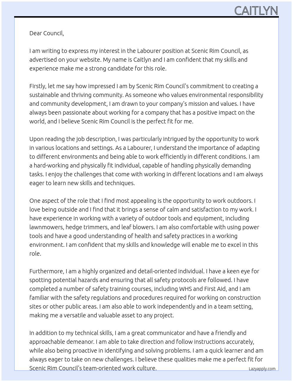 Labourer At Scenic Rim Council Cover Letter