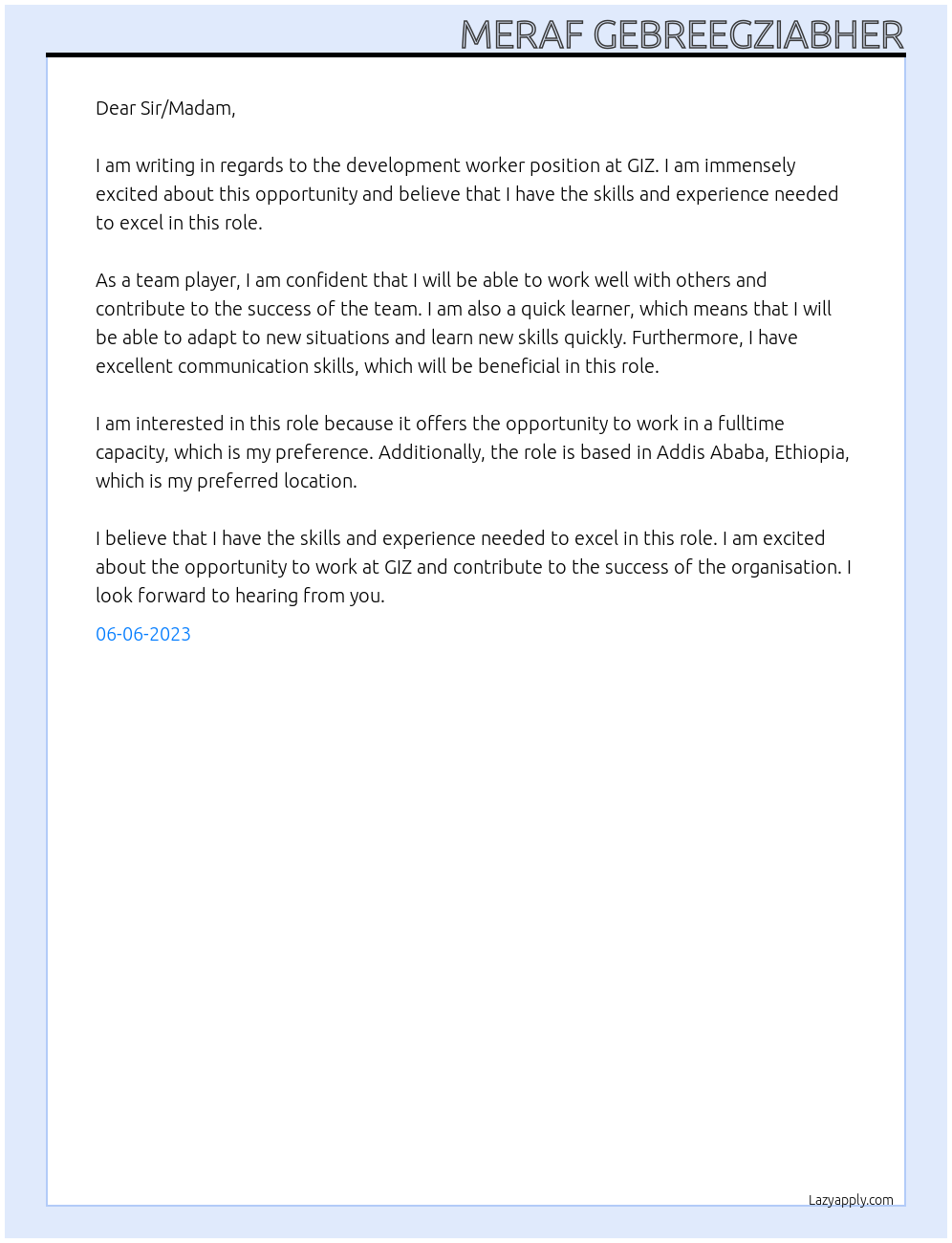 Development worker At GIZ Cover Letter