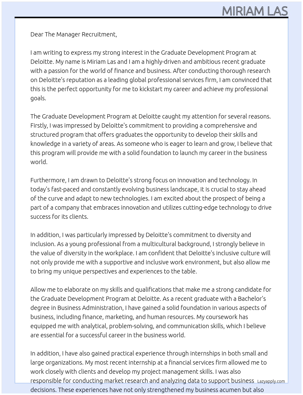 graduate development program At Deloitte Cover Letter