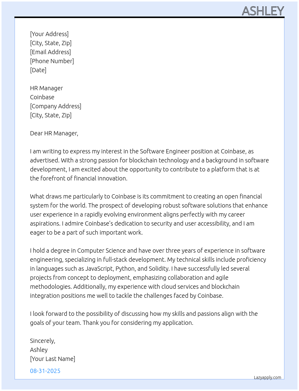 Software Engineer At Coinbase Cover Letter