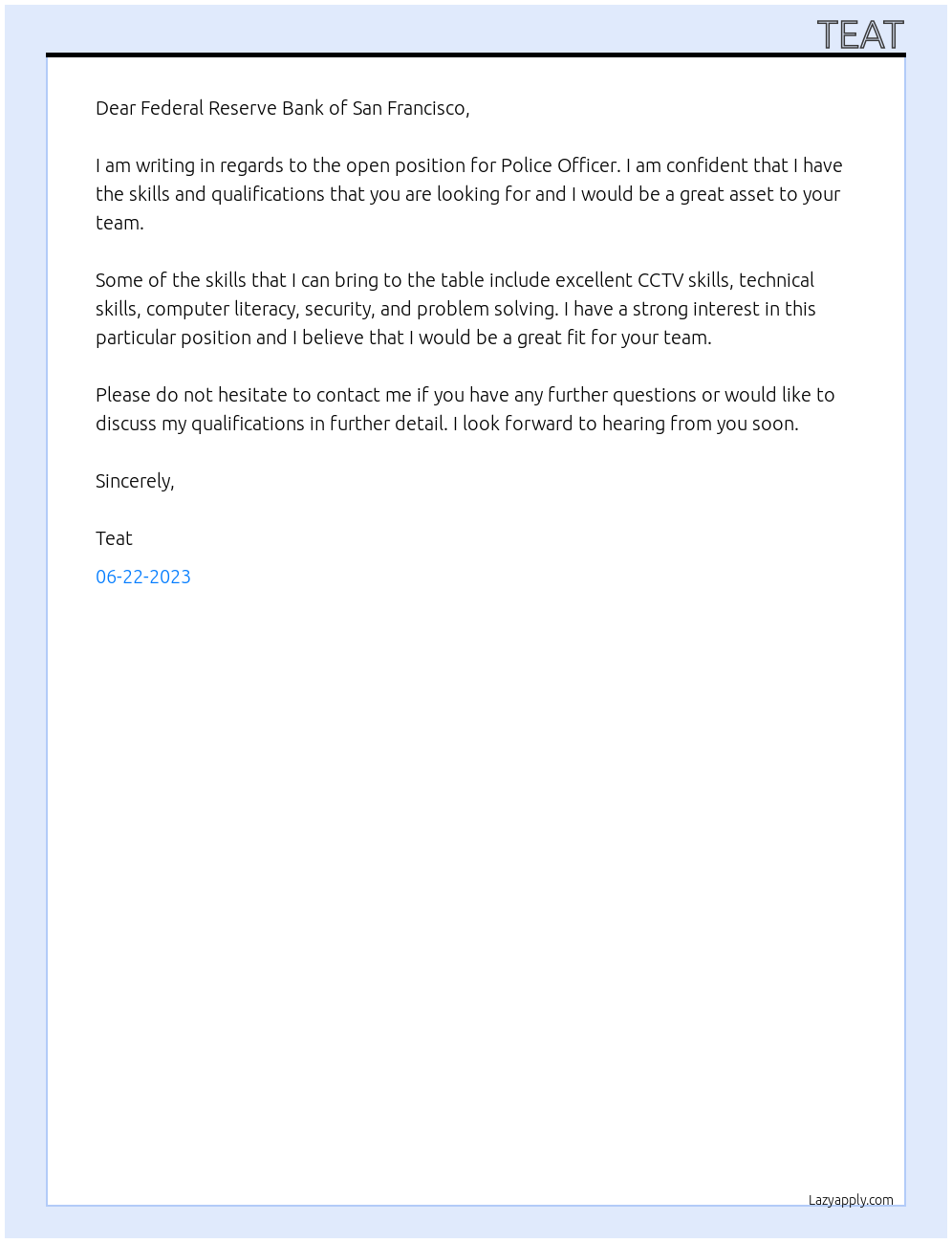Police Officer At Federal Reserve Bank of San Francisco Cover Letter